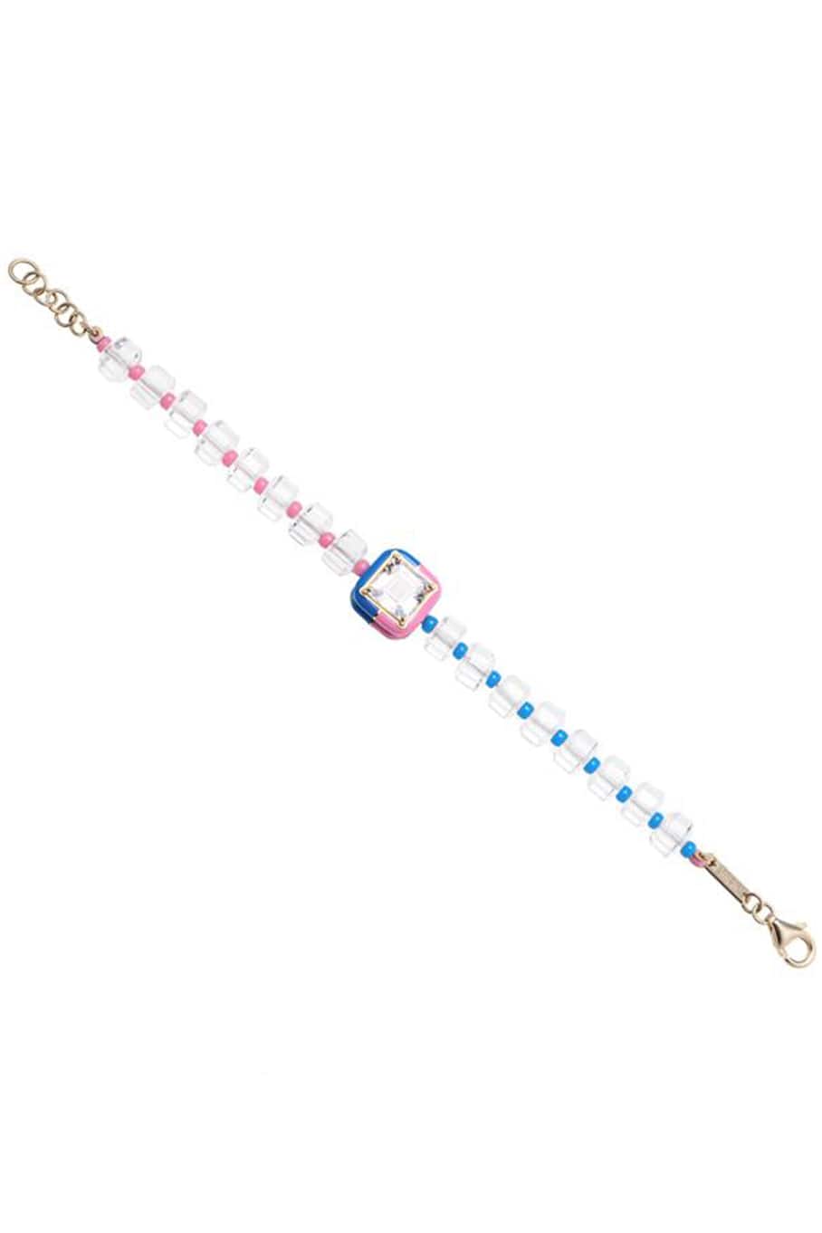 BEA BONGIASCA-Pink and Blue B Square Beaded Bracelet-YELLOW GOLD