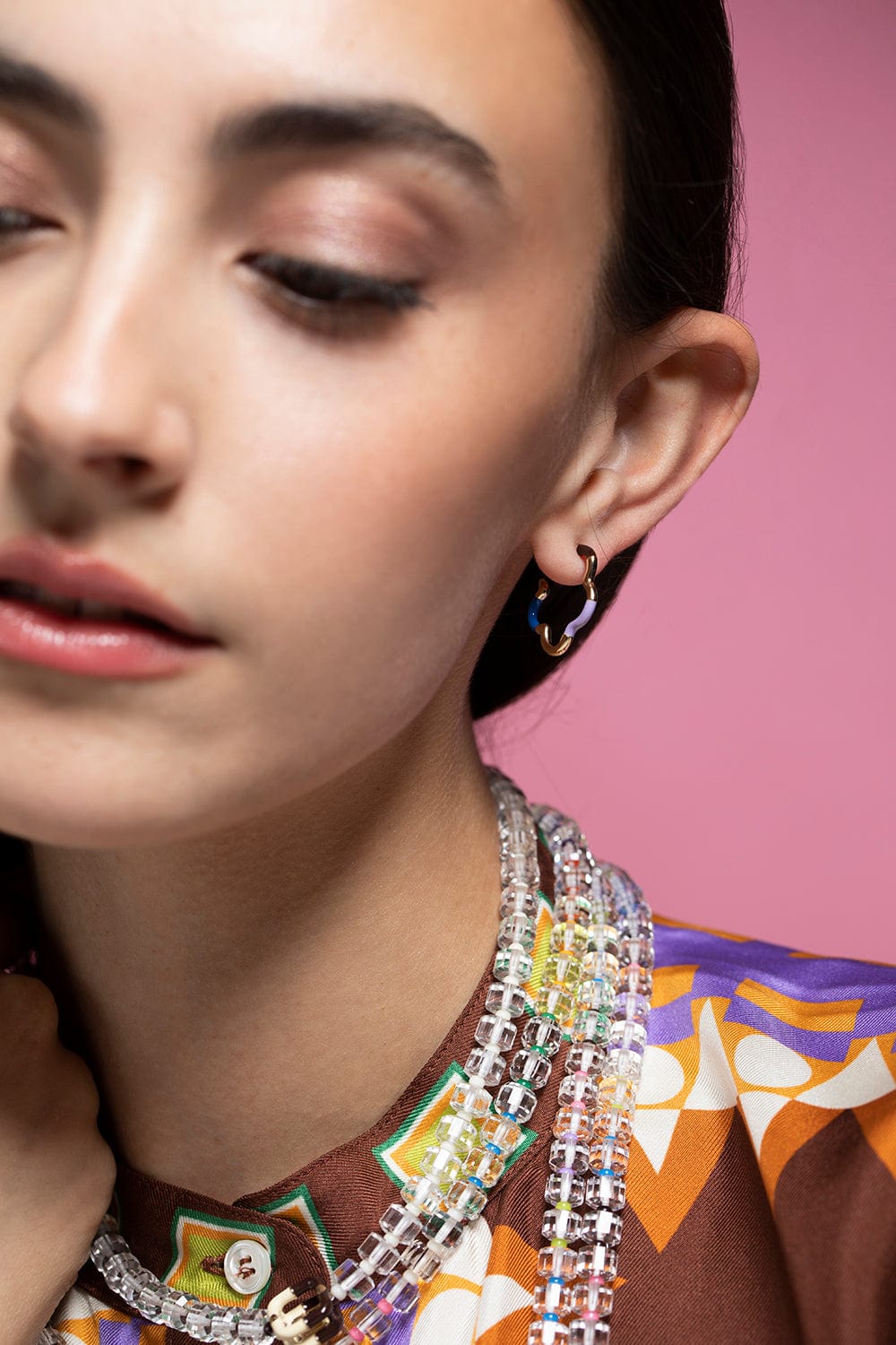 BEA BONGIASCA-Chocolate Lavender and Cobalt B Mini Tri Colored Earrings-YELLOW GOLD