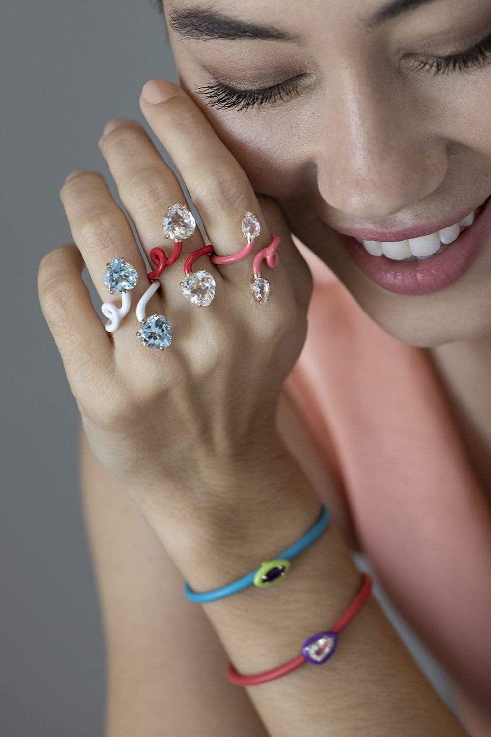 BEA BONGIASCA-White Enamel Double Heart Vine Tendril Ring-ROSE GOLD