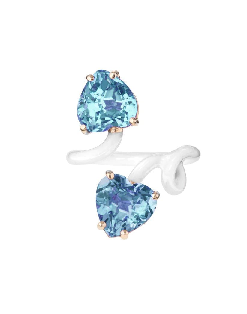 BEA BONGIASCA-White Enamel Double Heart Vine Tendril Ring-ROSE GOLD