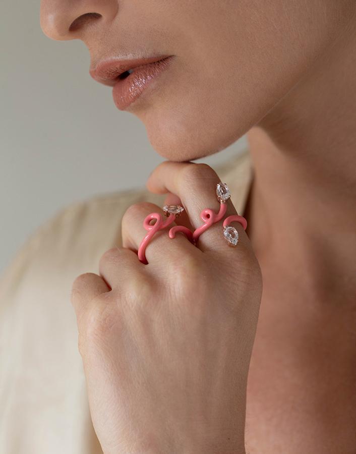 BEA BONGIASCA-Double Vine Pink Enamel Ring-YELLOW GOLD