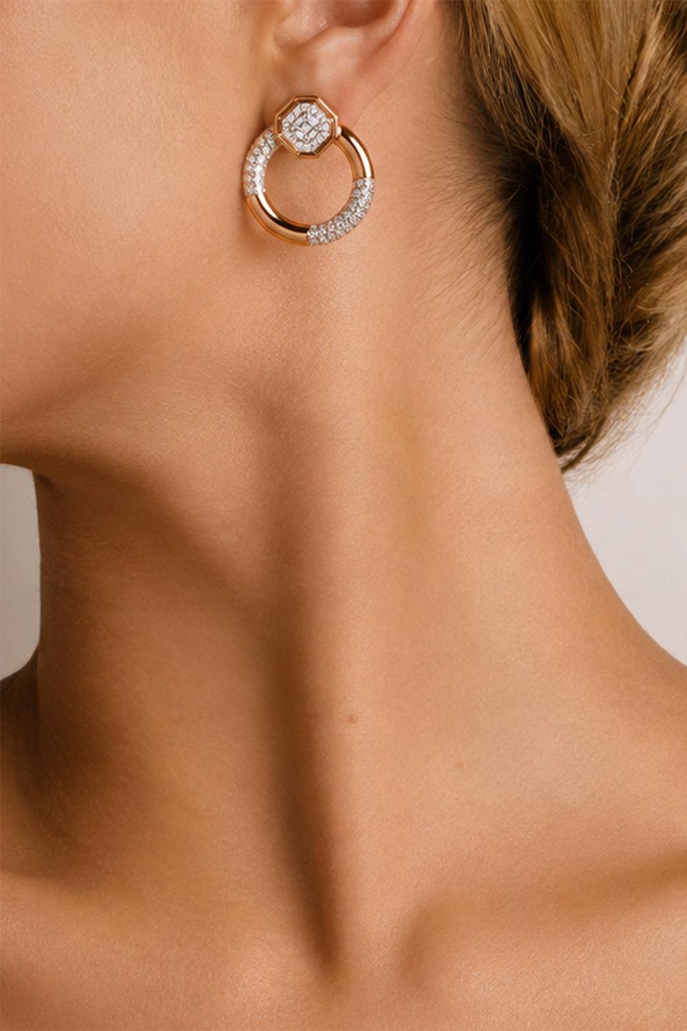 Diamond Octagon Hoop Earrings-YELLOW GOLD-JEWELRYFINE JEWELEARRING-BENOI