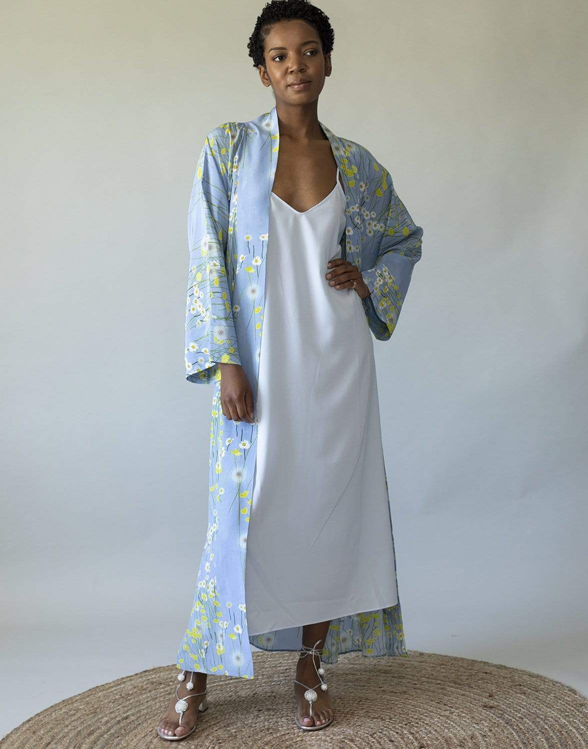 BERNADETTE-Long Peignoir Silk Coat - Blue & Yellow-