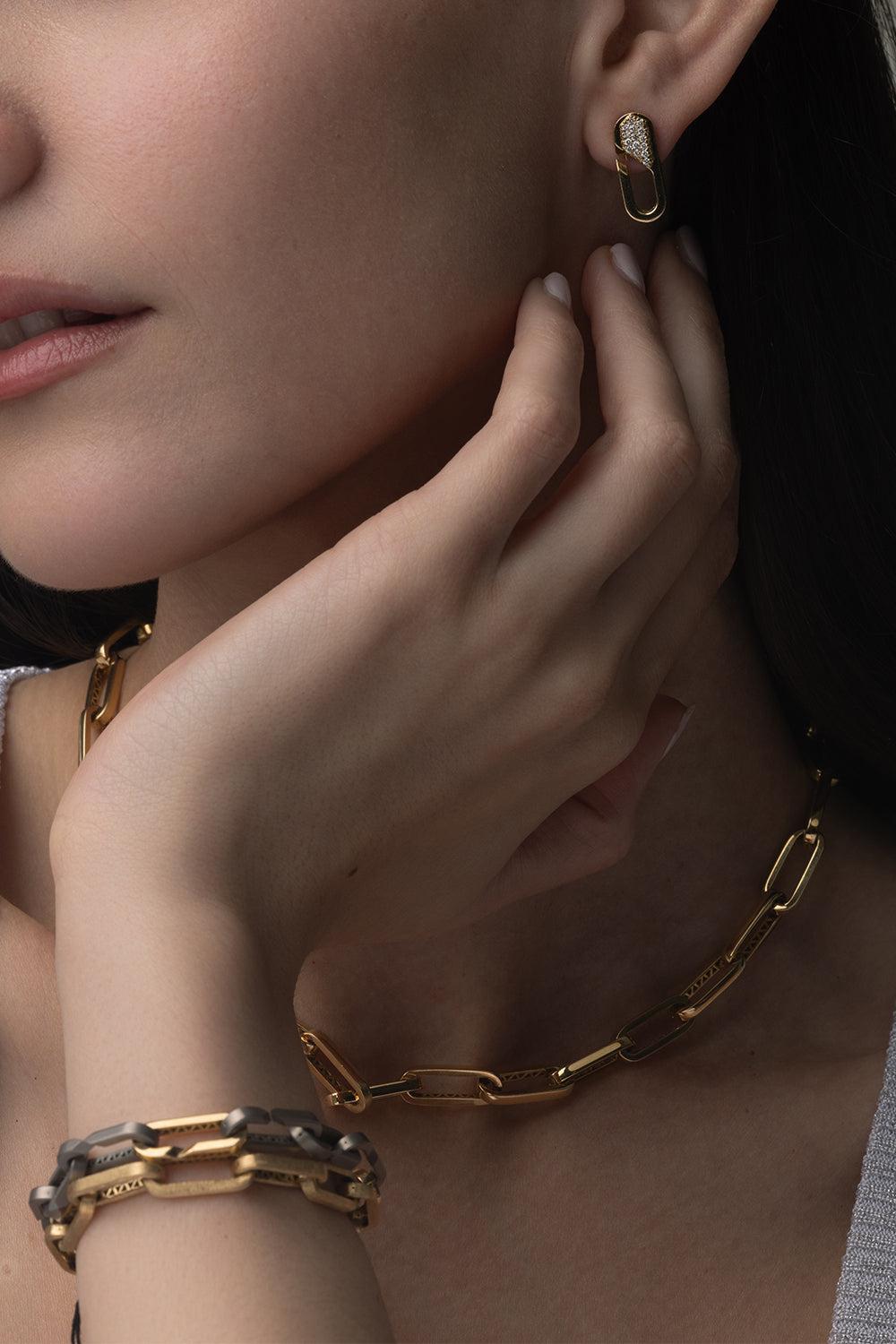 Partial Diamond Small Link Earrings-YELLOW GOLD-JEWELRYFINE JEWELEARRING-BIZZOTTO