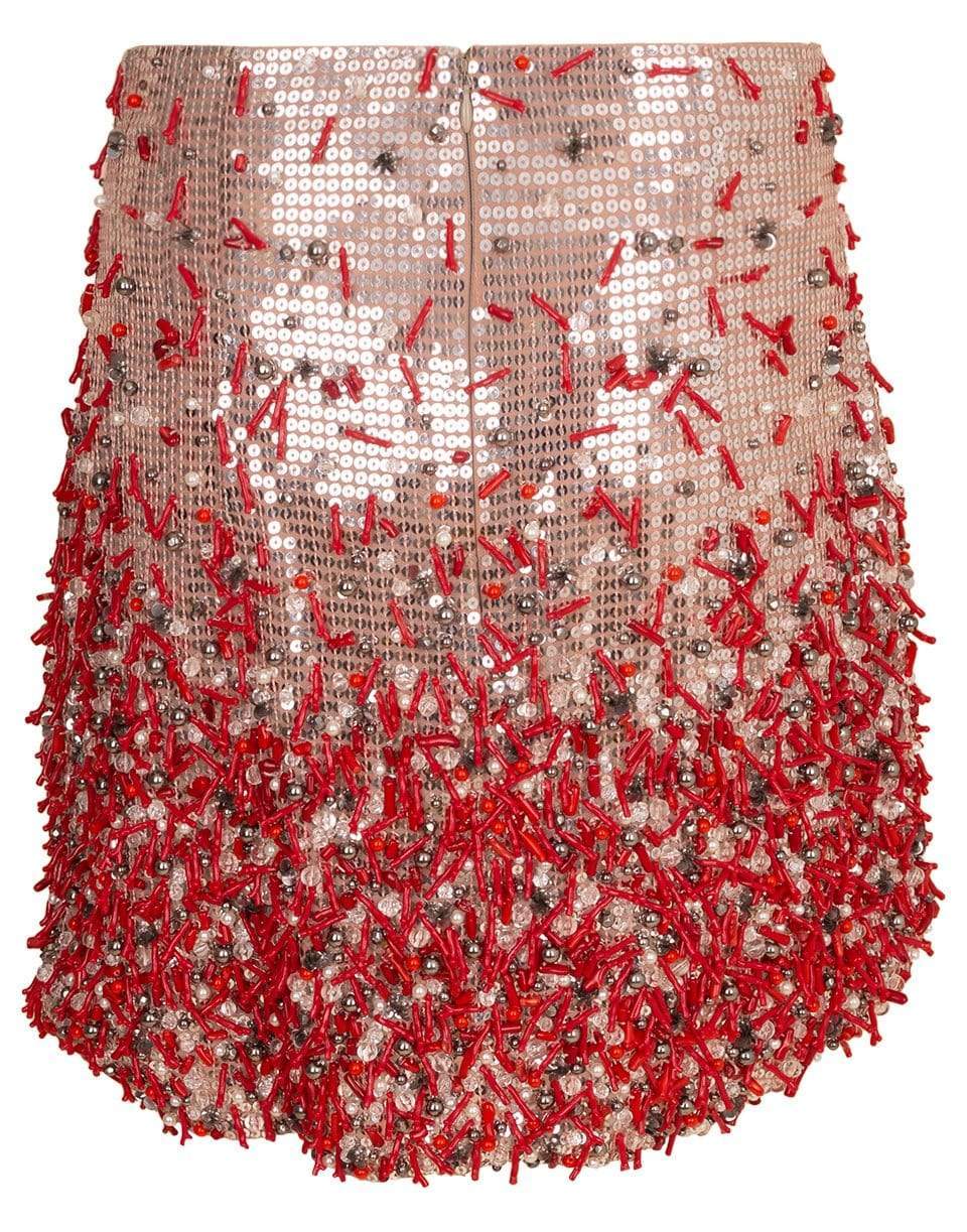 BLUMARINE-Sequin Coral Mini Skirt-RED/SLVR