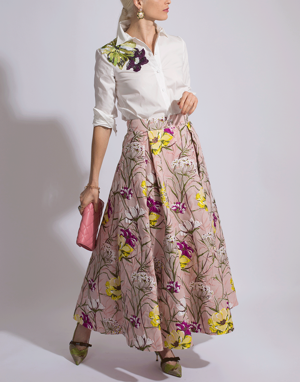 BLUMARINE-Floral Brocade Skirt-ROSA