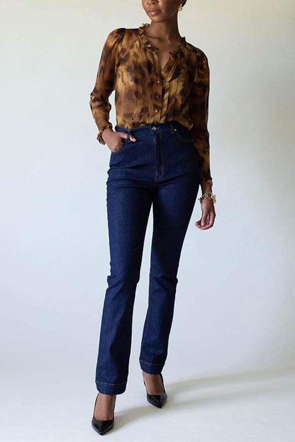 BLUMARINE-Long Sleeve Leopard Print Pleat Blouse-ANIMAL