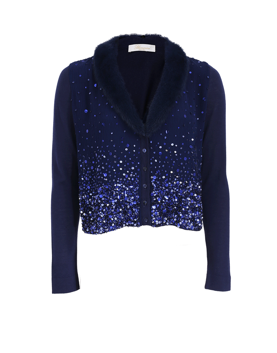 BLUMARINE-Fur Trim Sequin Cardigan-