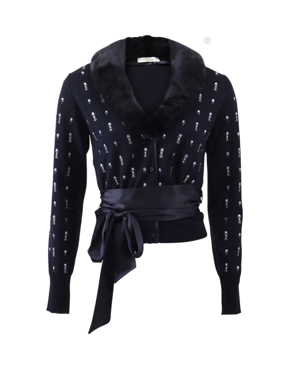BLUMARINE-Fur Trim Jeweled Cardigan-