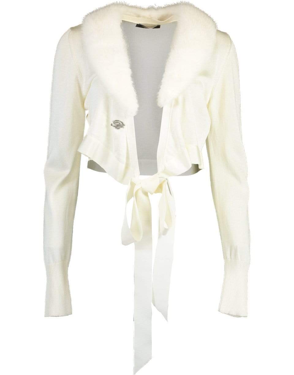 BLUMARINE-White Fur Collar Cropped Cardigan-