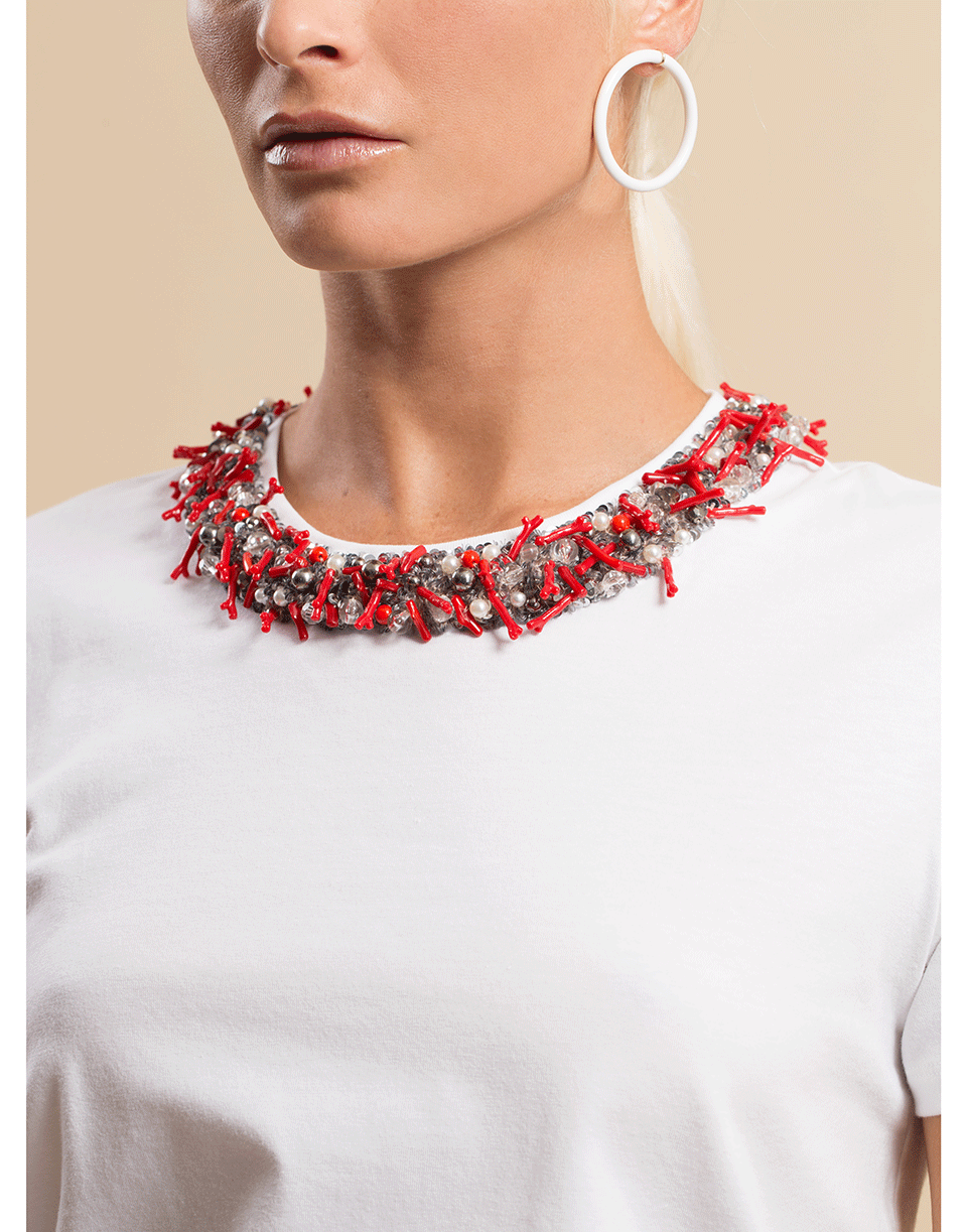 BLUMARINE-Short Sleeve Coral Collar T-Shirt-WHT/RED