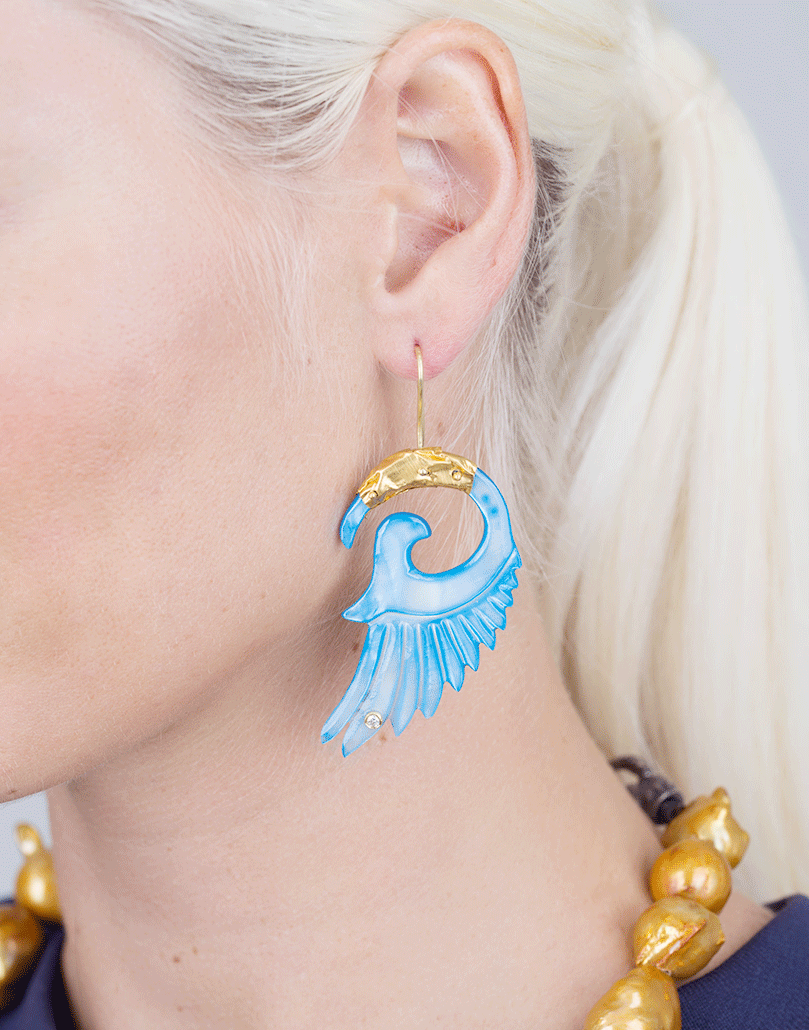 BOAZ KASHI-Carved Blue Shell Earrings-YELLOW GOLD