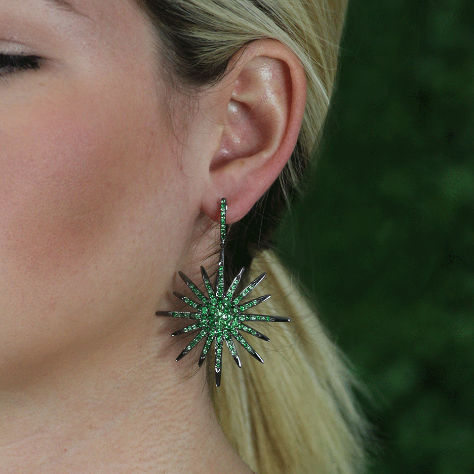 BOCHIC-Green Sapphire Starburst Earrings-WHITE GOLD