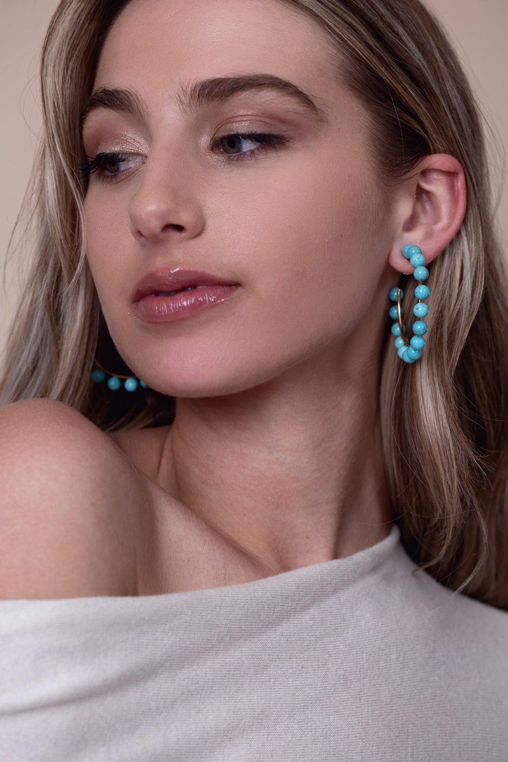 BOUNKIT JEWELRY-Turquoise Bead Hoop Earrings-BLUE