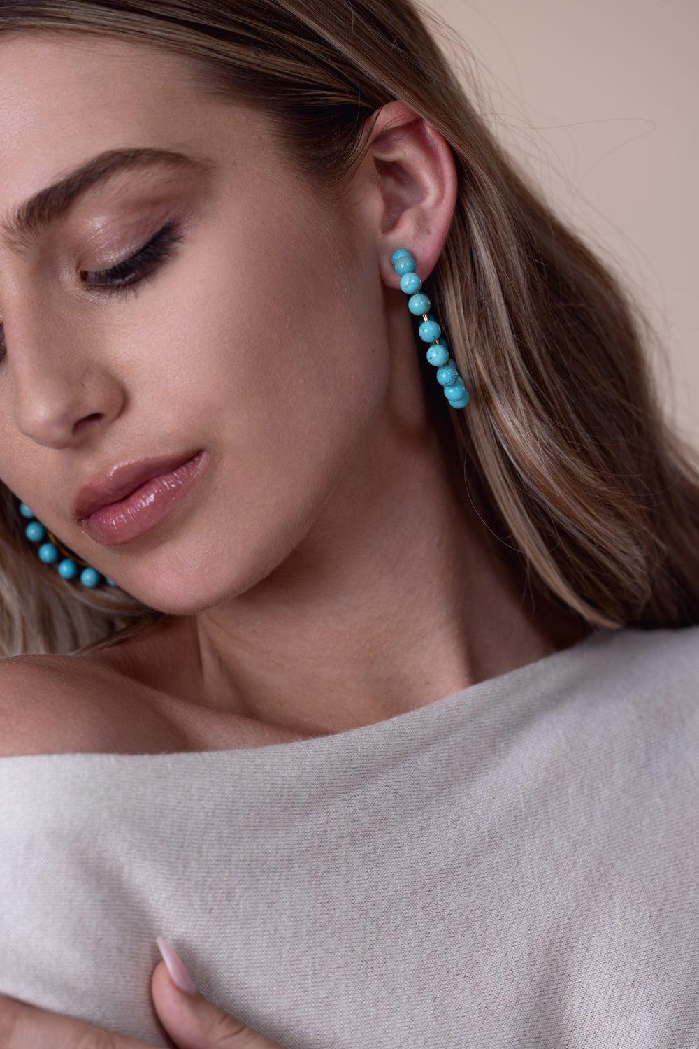 BOUNKIT JEWELRY-Turquoise Bead Hoop Earrings-BLUE