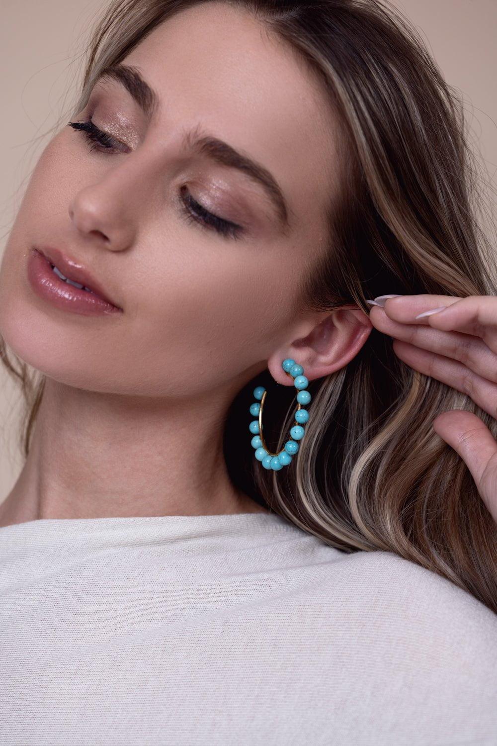 BOUNKIT JEWELRY-Turquoise Bead Hoop Earrings-BLUE