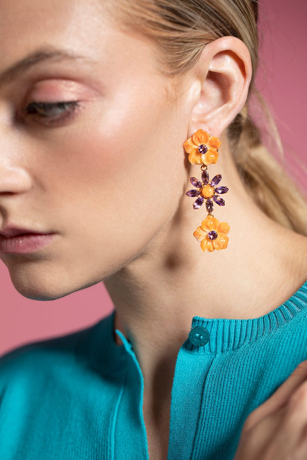 BOUNKIT JEWELRY-Amethyst and Spiny Oyster Flower Earrings-GOLD