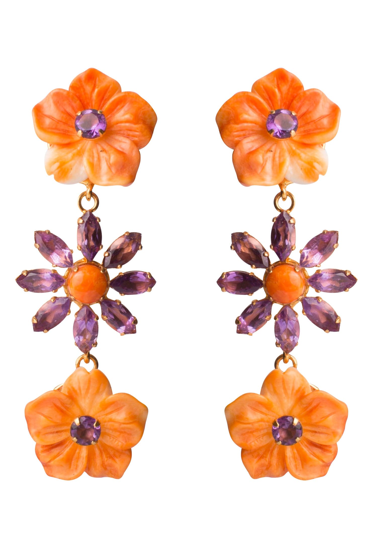 BOUNKIT JEWELRY-Amethyst and Spiny Oyster Flower Earrings-GOLD