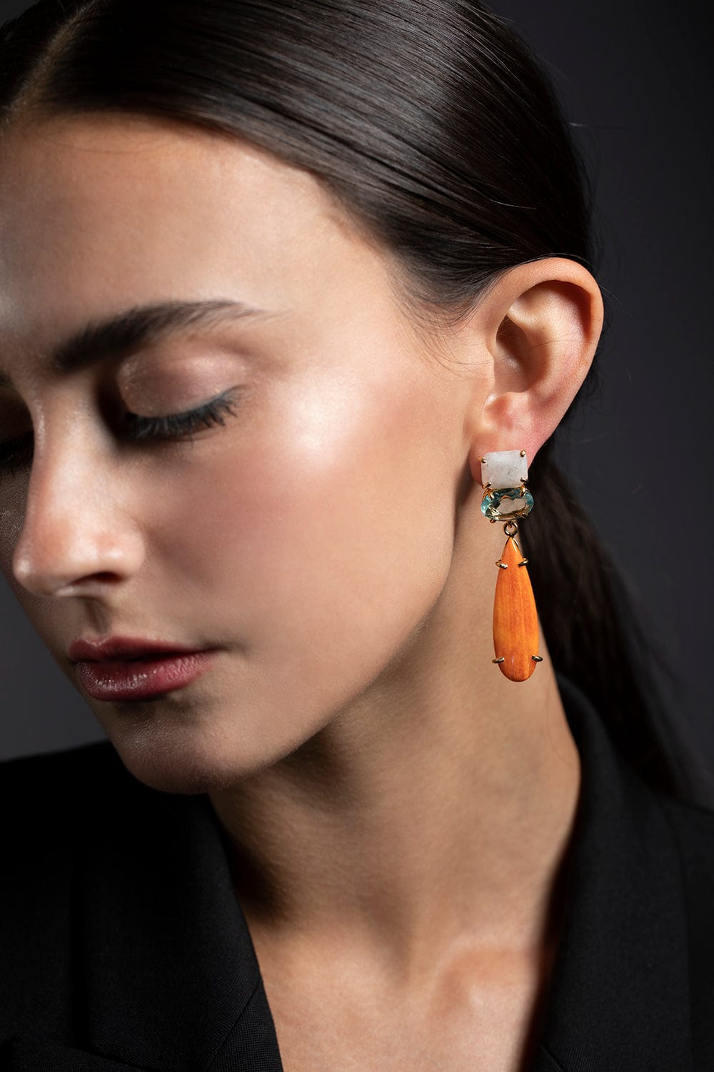 BOUNKIT JEWELRY-Blue Quartz and Orange Sea Shell Earrings-GOLD