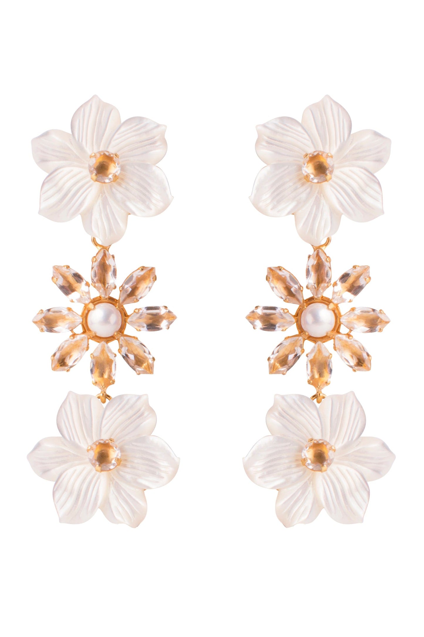 BOUNKIT JEWELRY-Carved Mother of Pearl and Lemon Quartz Flower Earrings-GOLD