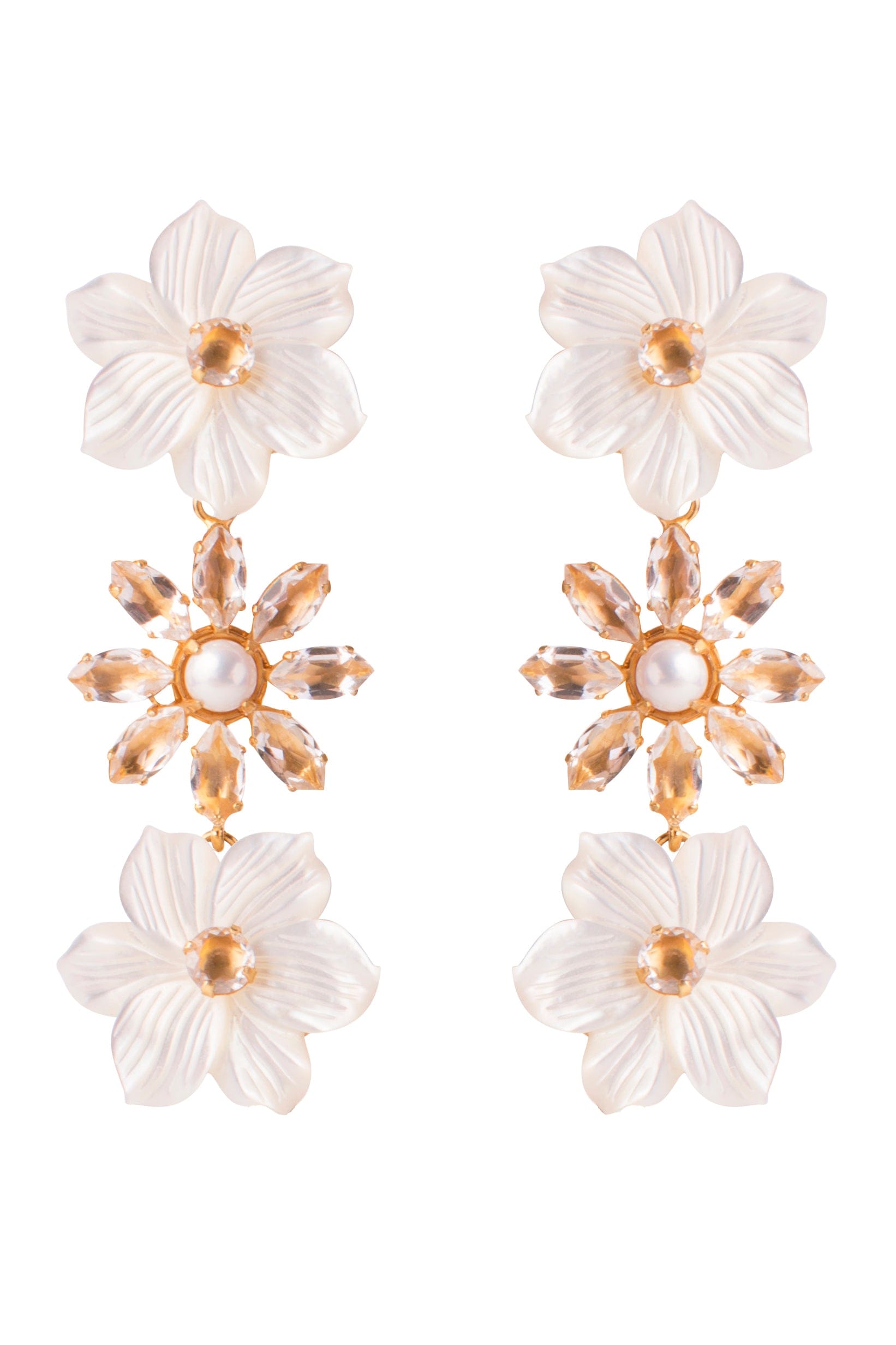 BOUNKIT JEWELRY-Carved Mother of Pearl and Lemon Quartz Flower Earrings-GOLD
