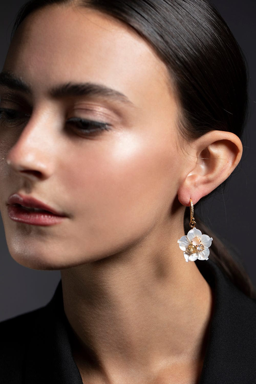 BOUNKIT JEWELRY-Carved Mother of Pearl Flower Drop Earrings-GOLD