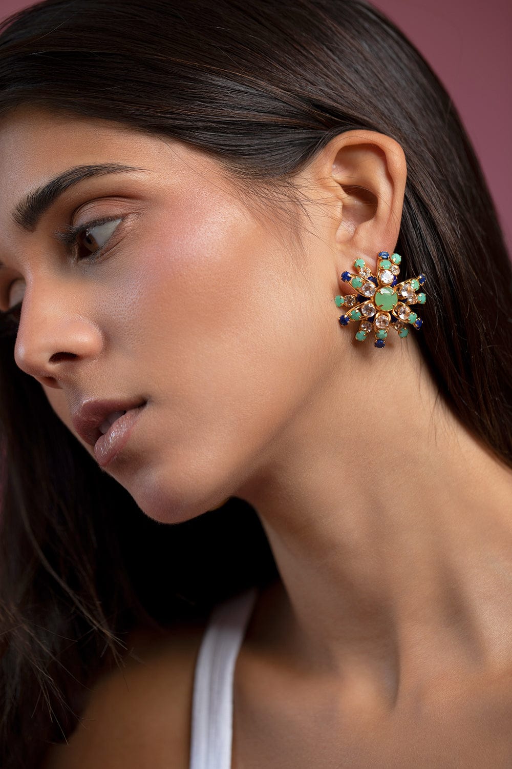 BOUNKIT JEWELRY-Chrysoprase,Clear Quartz & Lapis Flower Earrings-GOLD