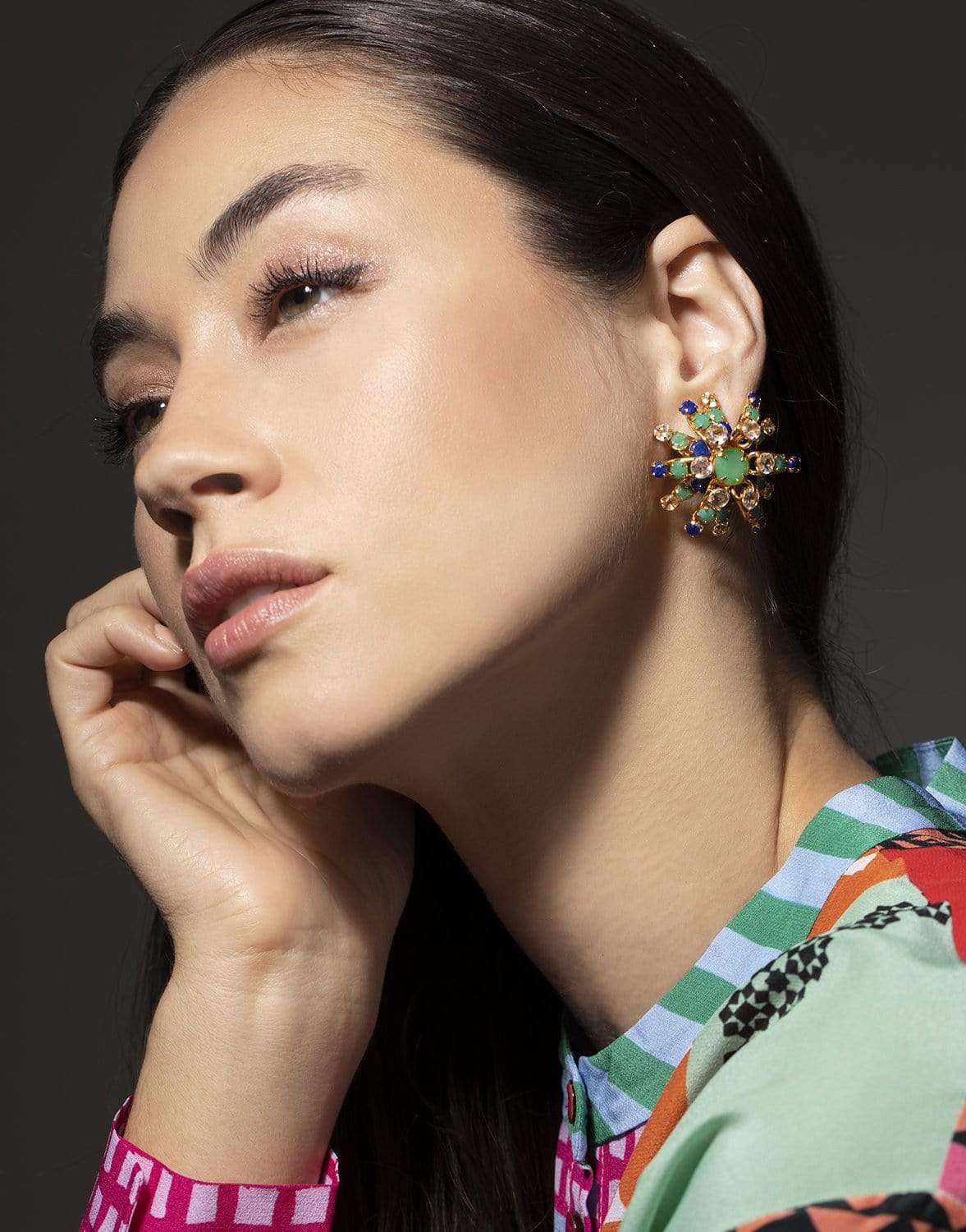 BOUNKIT JEWELRY-Chrysoprase,Clear Quartz & Lapis Flower Earrings-GOLD