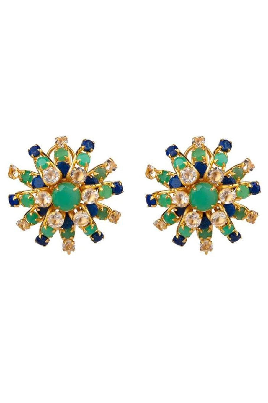 BOUNKIT JEWELRY-Chrysoprase,Clear Quartz & Lapis Flower Earrings-GOLD