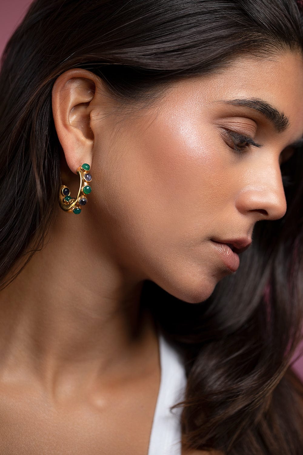 BOUNKIT JEWELRY-Green Onyx and Lapis Hoops-GOLD