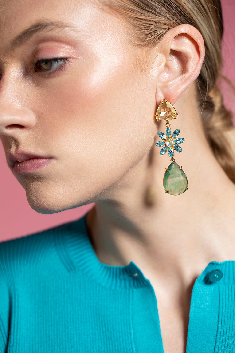 BOUNKIT JEWELRY-Lemon Quartz and Flourite Drop Earrings-GOLD