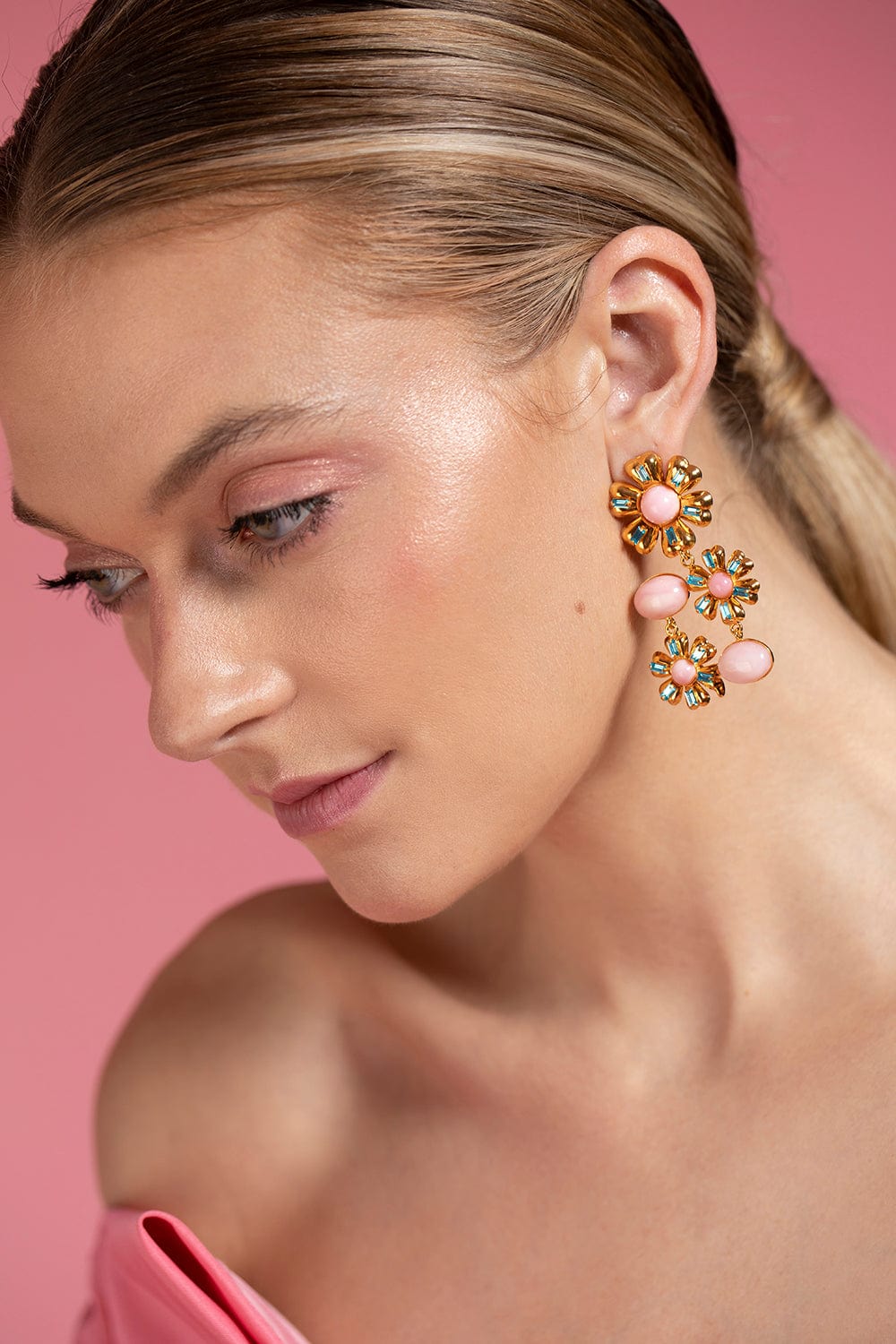 BOUNKIT JEWELRY-Pink Opal and Blue Quartz Drop Earrings-GOLD