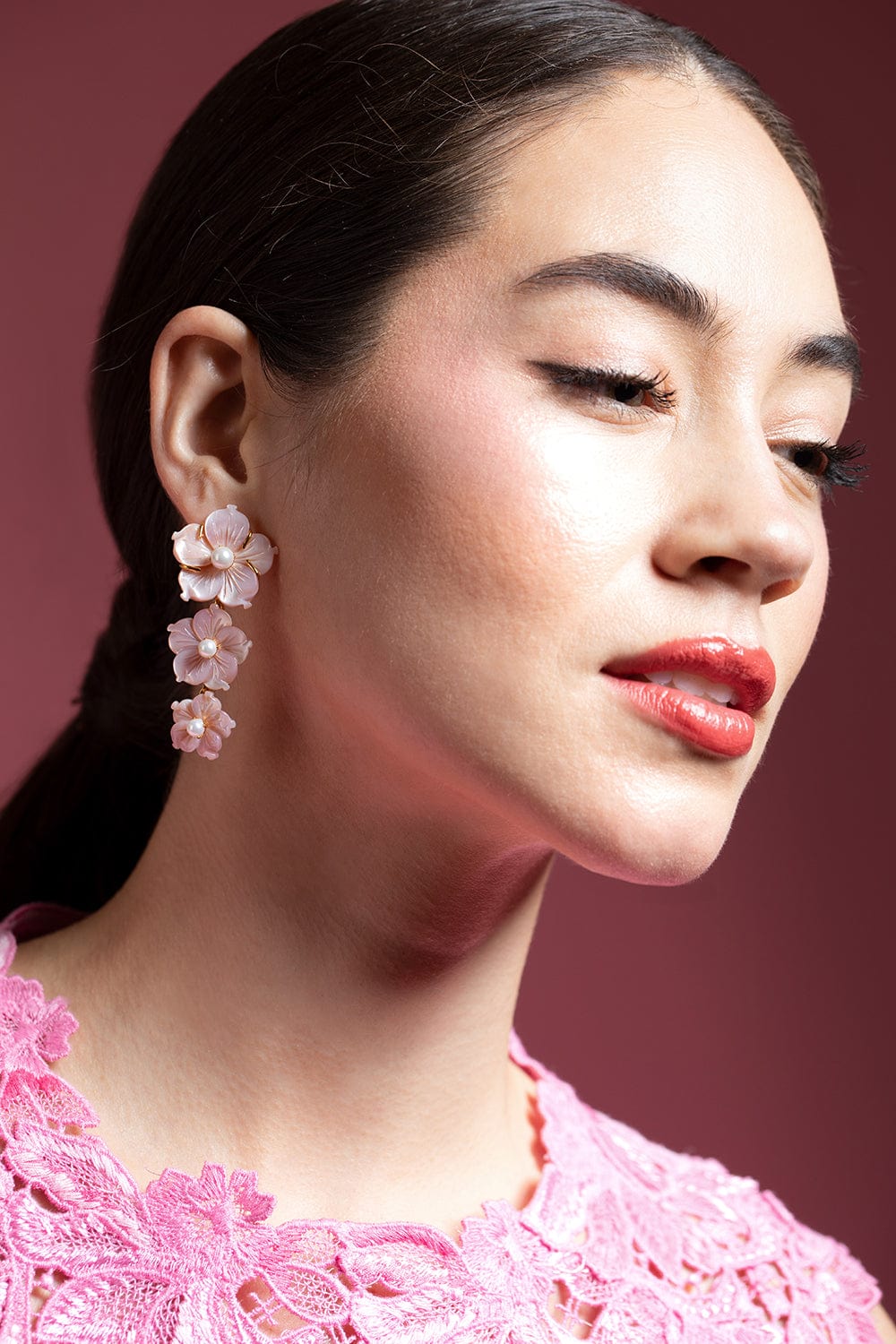BOUNKIT JEWELRY-Pink Shell Flower and Pearl Earrings-GOLD