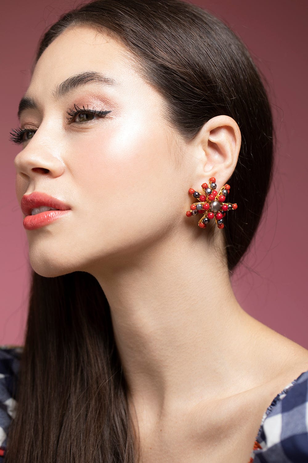 BOUNKIT JEWELRY-Red Coral and Tahitian Pearl Flower Earrings-GOLD
