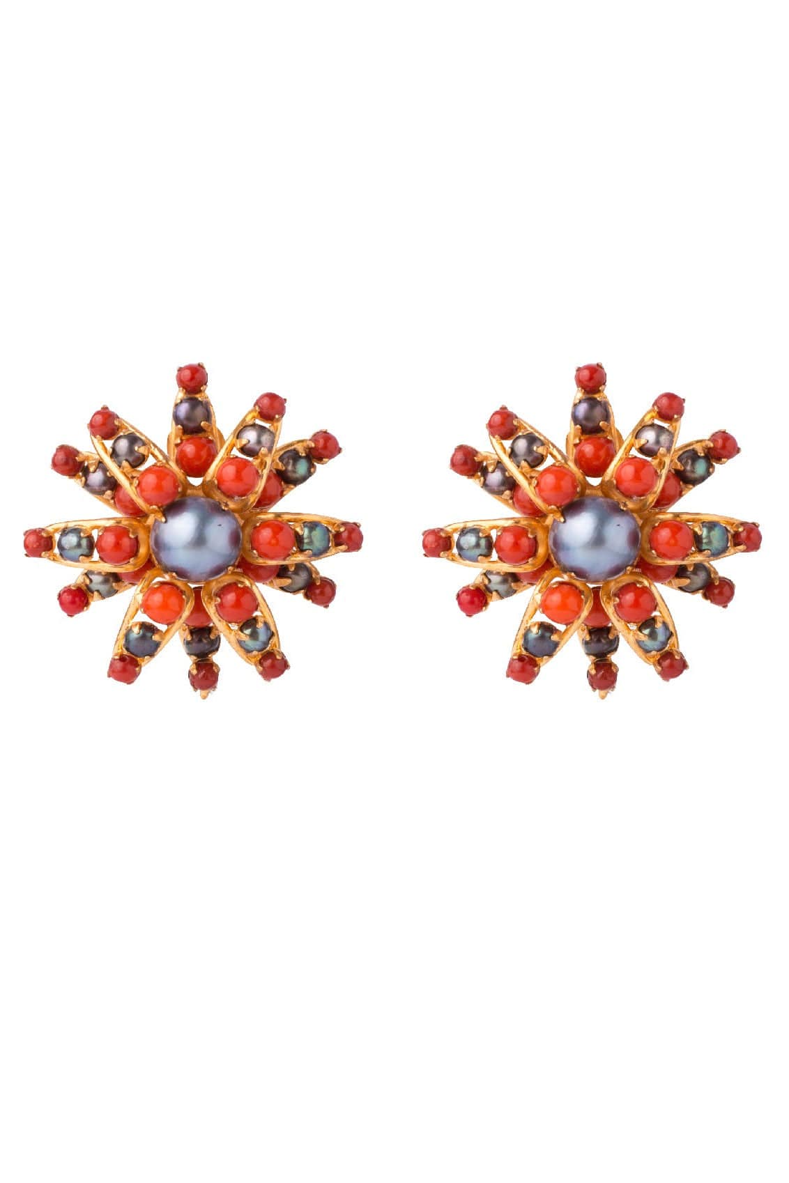 BOUNKIT JEWELRY-Red Coral and Tahitian Pearl Flower Earrings-GOLD