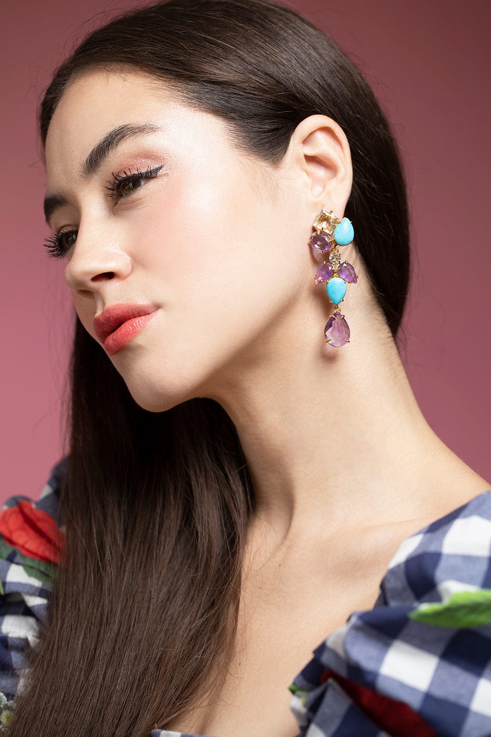 BOUNKIT JEWELRY-Turquoise, Amethyst and Quartz Long Drop Earrings-GOLD