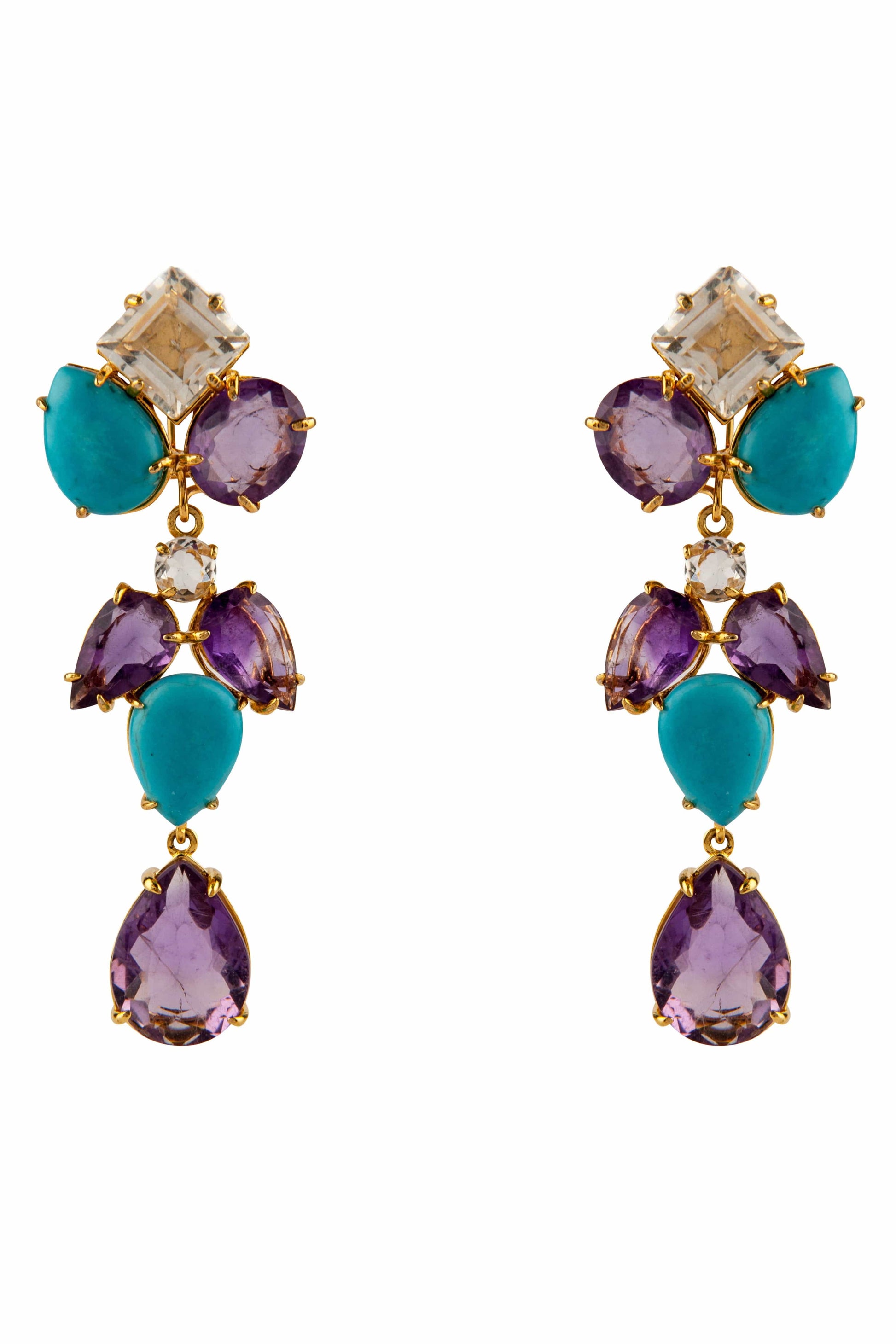 BOUNKIT JEWELRY-Turquoise, Amethyst and Quartz Long Drop Earrings-GOLD