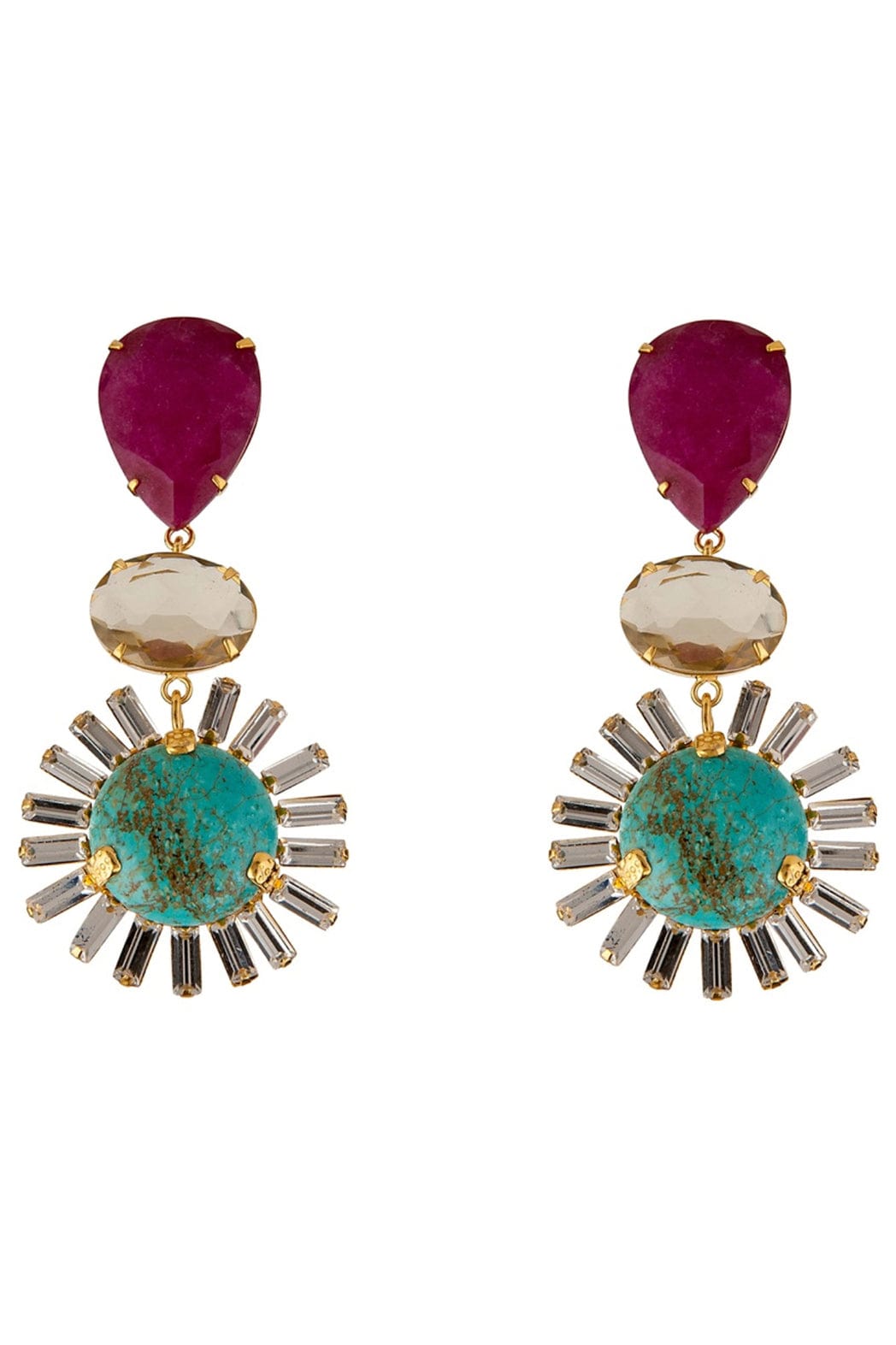 BOUNKIT JEWELRY-Turquoise, Lemon Quartz and Ruby Statement Earrings-GOLD