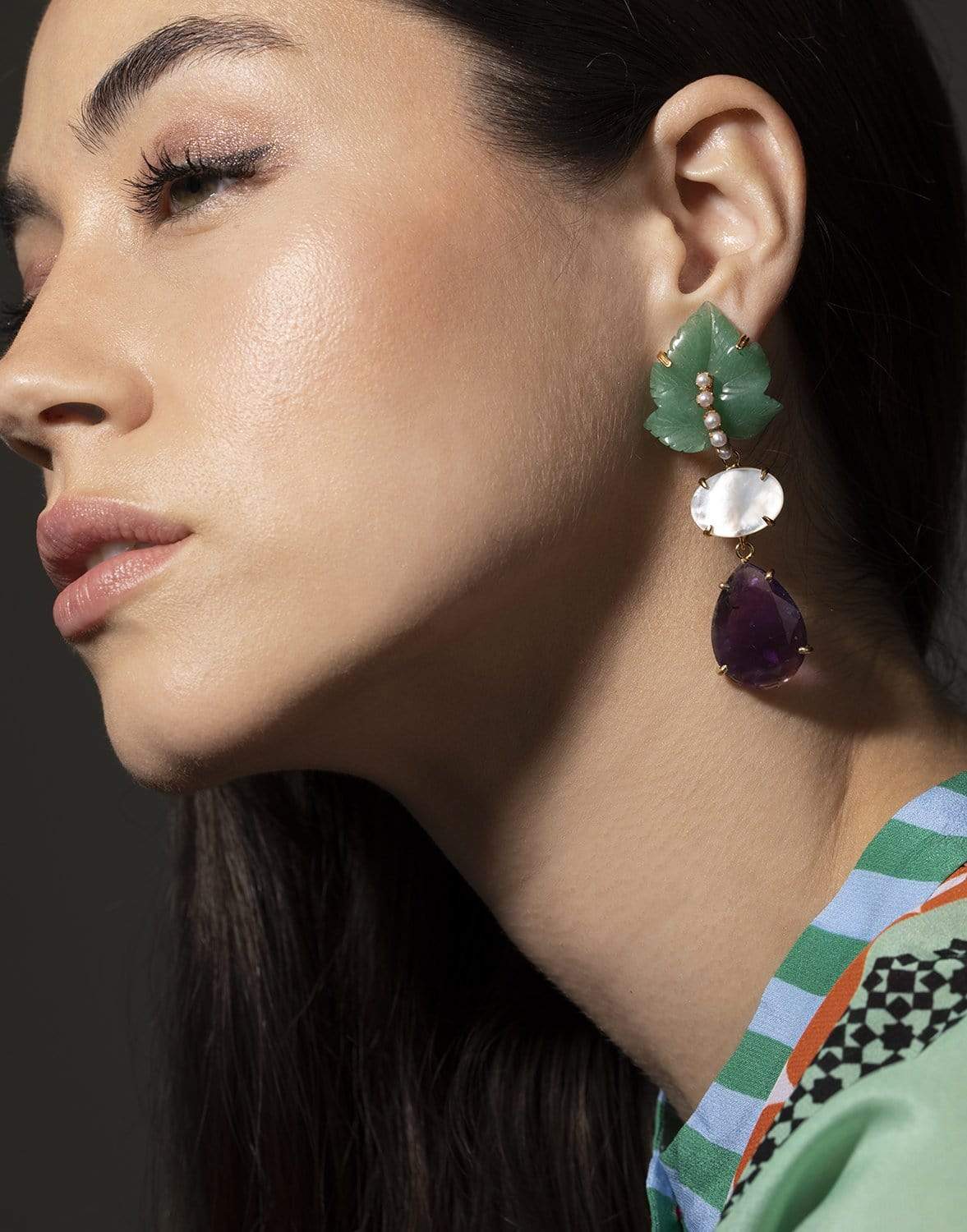 BOUNKIT JEWELRY-Pearl & Amethyst Leaf Earrings-GRN/PRPL