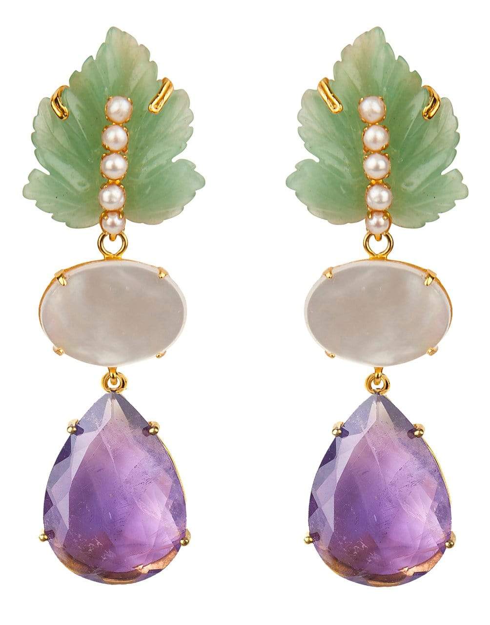 BOUNKIT JEWELRY-Pearl & Amethyst Leaf Earrings-GRN/PRPL