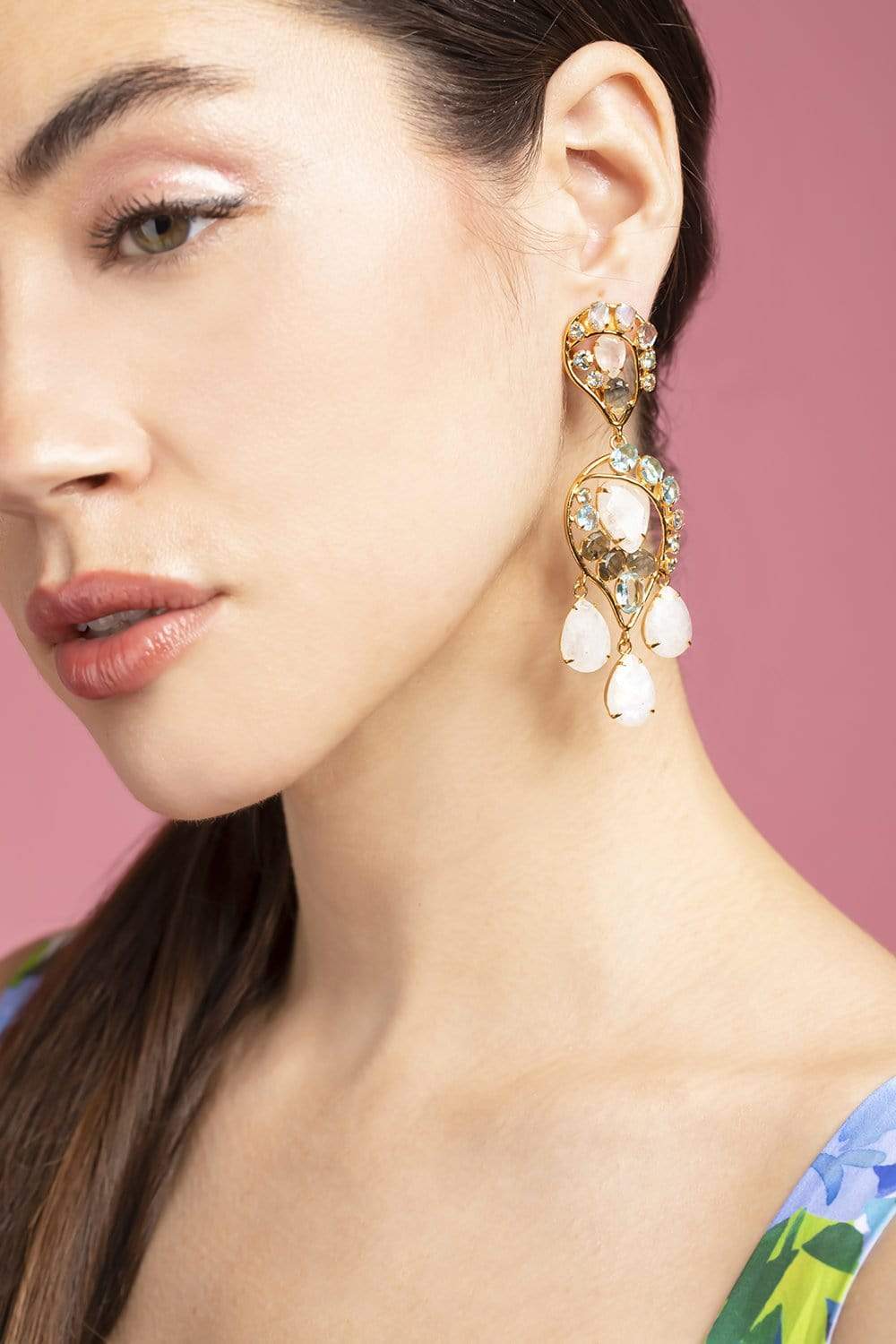 BOUNKIT JEWELRY-Labradorite, Blue Topaz and Moostone Statement Earrings-LABRADOR