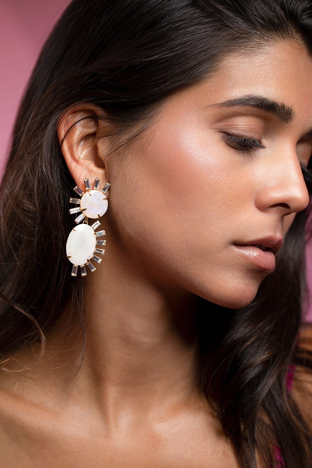 BOUNKIT JEWELRY-Moonstone and CZ Wave Earrings-MOONSTON