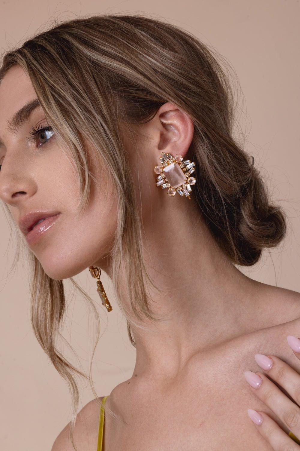 BOUNKIT JEWELRY-Rose Quartz Baguette Earrings-PINK