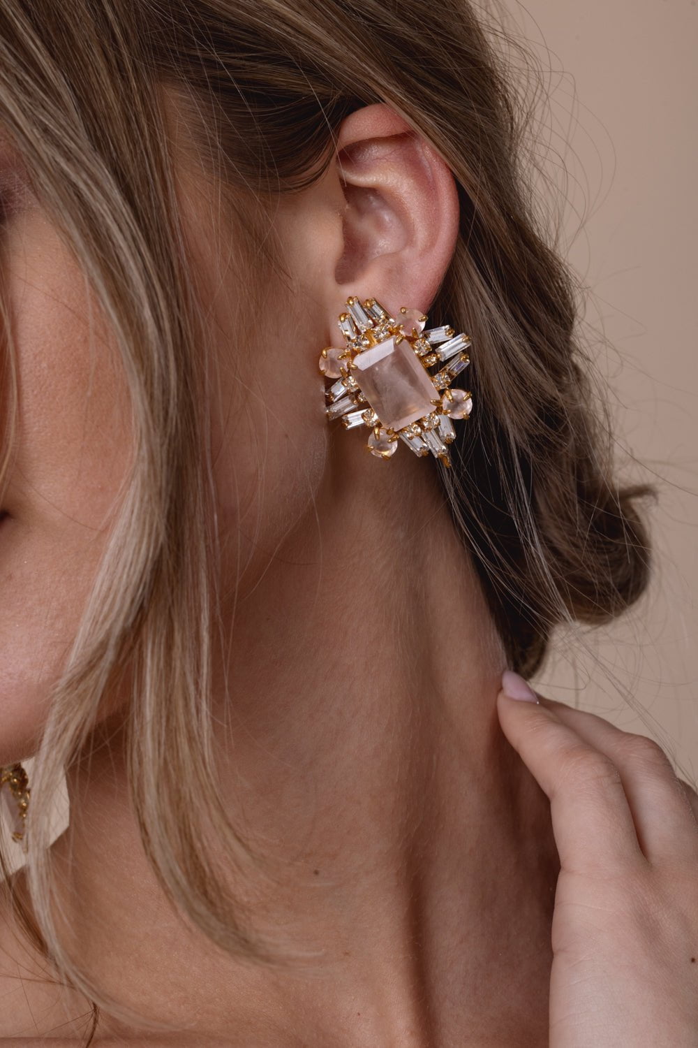 BOUNKIT JEWELRY-Rose Quartz Baguette Earrings-PINK