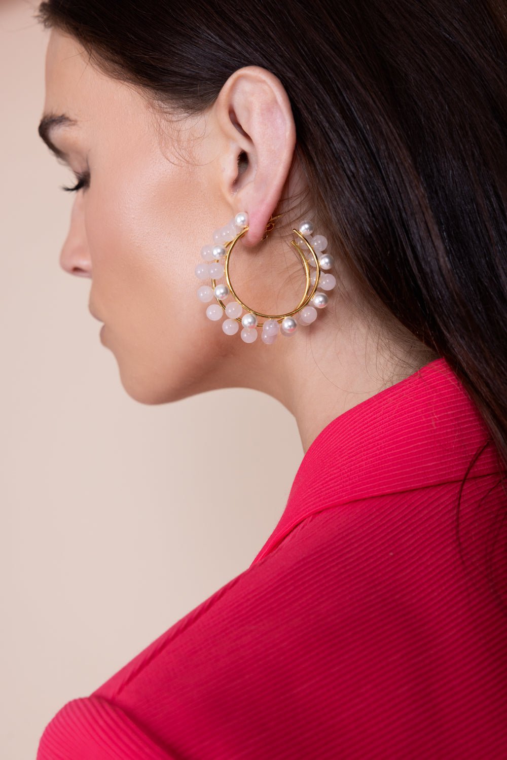 BOUNKIT JEWELRY-Rose Quartz Hoop Earrings-PINK