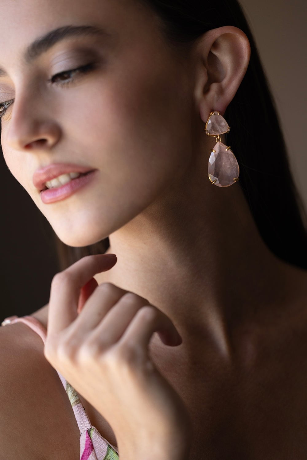 BOUNKIT JEWELRY-Trillion Rose Quartz Earrings-PINK