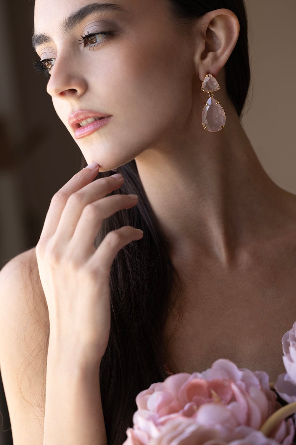 BOUNKIT JEWELRY-Trillion Rose Quartz Earrings-PINK