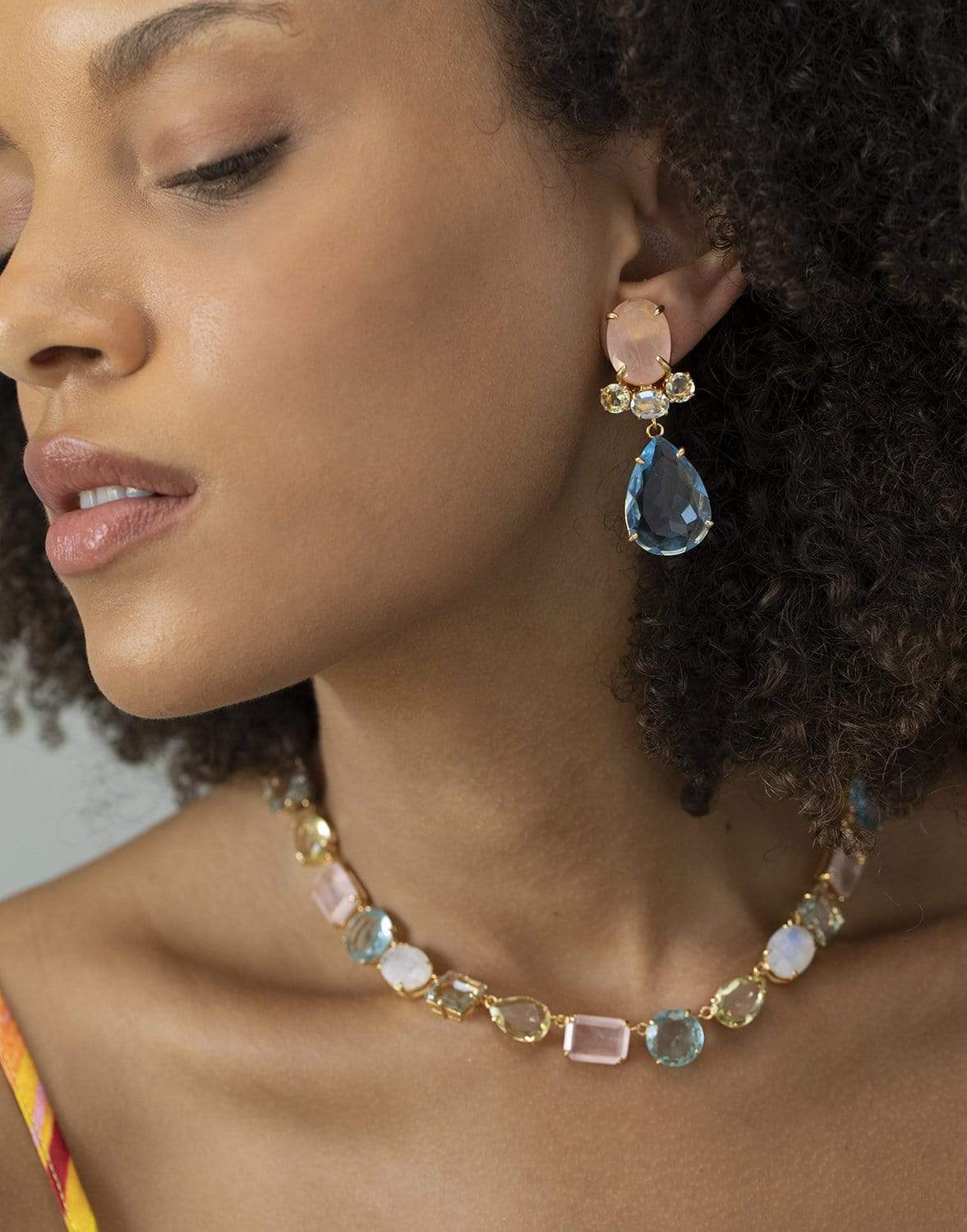 BOUNKIT JEWELRY-2-in-1 Rose, Lemon & Blue Quartz Earrings-PINK/BLU