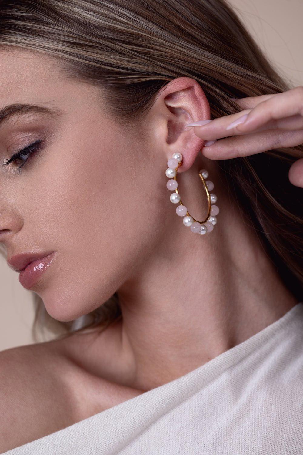 BOUNKIT JEWELRY-Rose Quartz Pearl Hoop Earrings-PINK/WHT