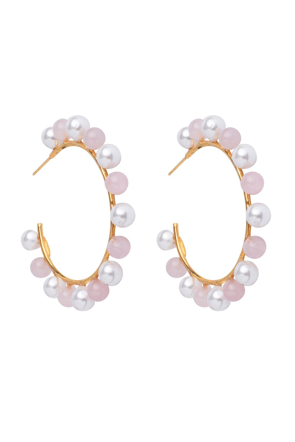 BOUNKIT JEWELRY-Rose Quartz Pearl Hoop Earrings-PINK/WHT